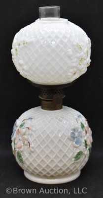 Milk glass with embossed design and flowers miniature oil lamp, 8" tall - 3