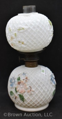 Milk glass with embossed design and flowers miniature oil lamp, 8" tall - 4