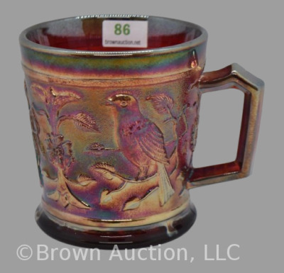 Carnival Glass Robin mug, ruby irid.