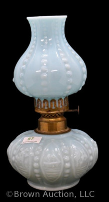 Blue milk glass 8"h miniature oil lamp