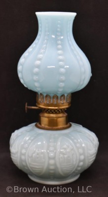 Blue milk glass 8"h miniature oil lamp - 3