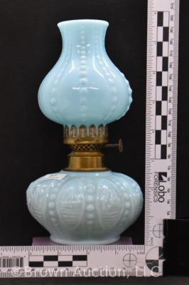 Blue milk glass 8"h miniature oil lamp - 8