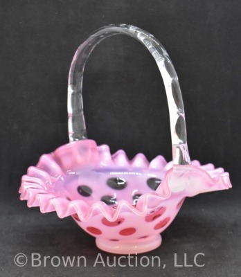 Cranberry opalescent Coin Dot basket, 7" to top of handle