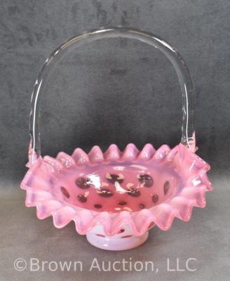 Cranberry opalescent Coin Dot basket, 7" to top of handle - 3