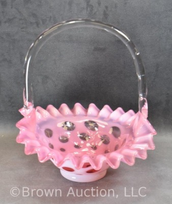 Cranberry opalescent Coin Dot basket, 7" to top of handle - 5