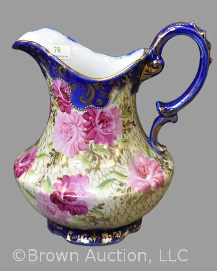 Mrkd. Royal Nippon 7.25"h pitcher, floral w/ cobalt trim