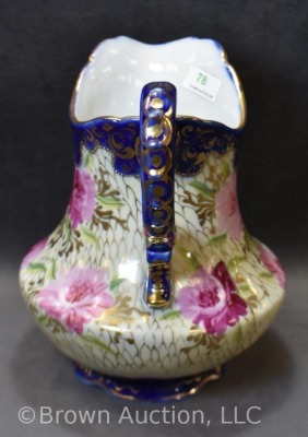 Mrkd. Royal Nippon 7.25"h pitcher, floral w/ cobalt trim - 2