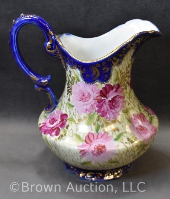 Mrkd. Royal Nippon 7.25"h pitcher, floral w/ cobalt trim - 3