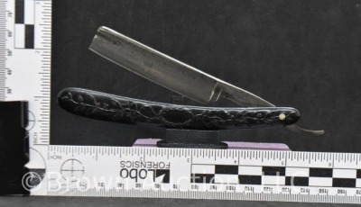 Challenge Razor Works straight razor with black embossed design handle - 6