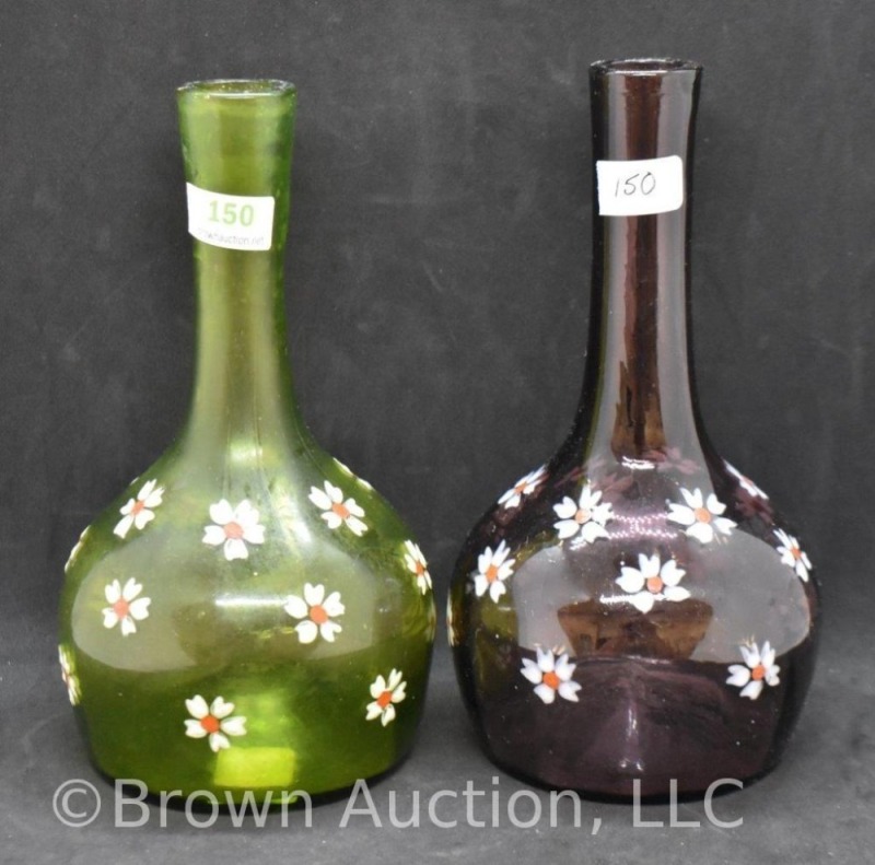 (2) Bitter's bottles, 1-green and 1-amethyst with handpainted daisies