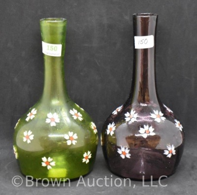 (2) Bitter's bottles, 1-green and 1-amethyst with handpainted daisies