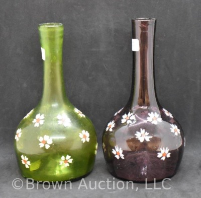 (2) Bitter's bottles, 1-green and 1-amethyst with handpainted daisies - 2