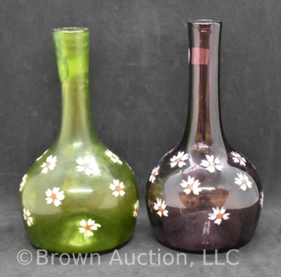 (2) Bitter's bottles, 1-green and 1-amethyst with handpainted daisies - 3