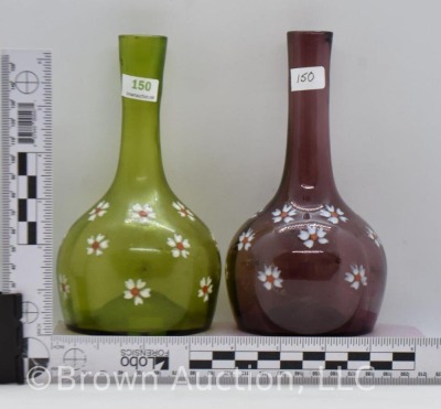 (2) Bitter's bottles, 1-green and 1-amethyst with handpainted daisies - 6