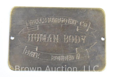 Wells Fargo Exp. Co. Human Body cargo brass plaque for casket - 3