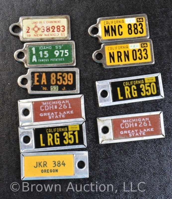 (10) License plate key chain tags - OR, CA, ID, NM, MI