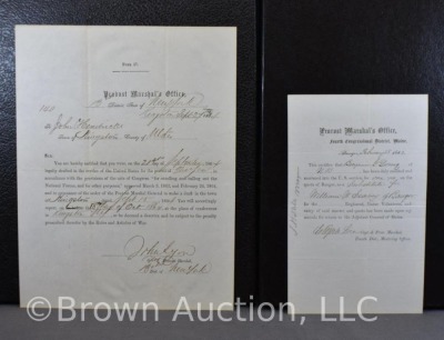 (2) Civil War Probost Marshal's Office notice of legal draft papers, dated 1864 and 1865