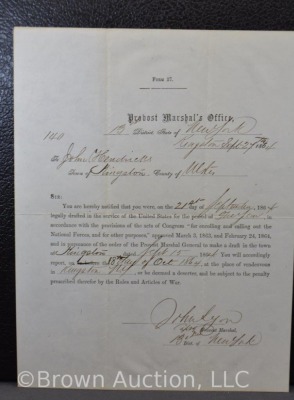 (2) Civil War Probost Marshal's Office notice of legal draft papers, dated 1864 and 1865 - 2