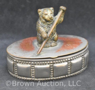 Oval Metal jewelry box with brass rowing bear finial