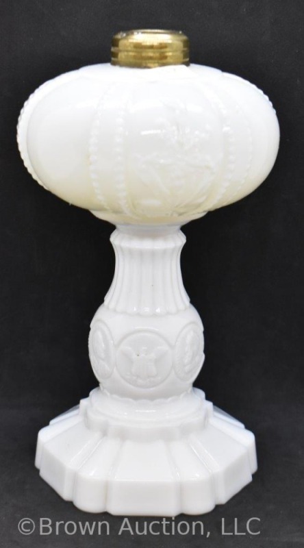 Milk Glass 8" kerosene lamp base, embossed flowers/ eagles/ portraits