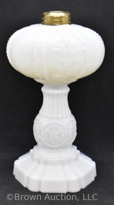 Milk Glass 8" kerosene lamp base, embossed flowers/ eagles/ portraits