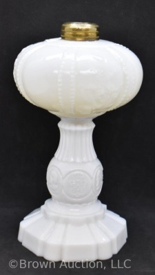 Milk Glass 8" kerosene lamp base, embossed flowers/ eagles/ portraits - 2