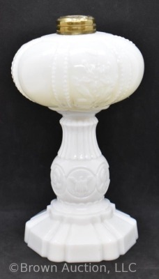 Milk Glass 8" kerosene lamp base, embossed flowers/ eagles/ portraits - 3