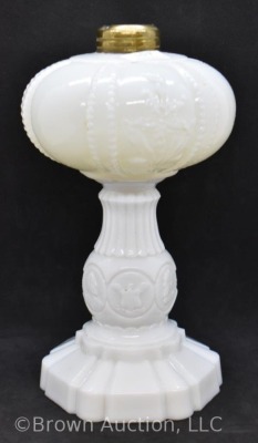 Milk Glass 8" kerosene lamp base, embossed flowers/ eagles/ portraits - 4