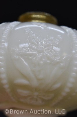 Milk Glass 8" kerosene lamp base, embossed flowers/ eagles/ portraits - 5