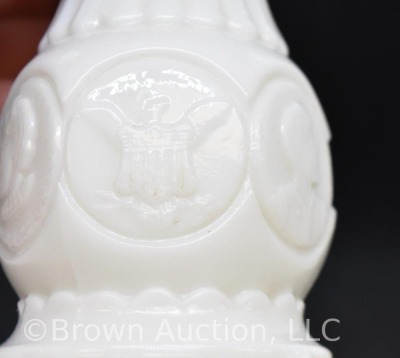 Milk Glass 8" kerosene lamp base, embossed flowers/ eagles/ portraits - 6