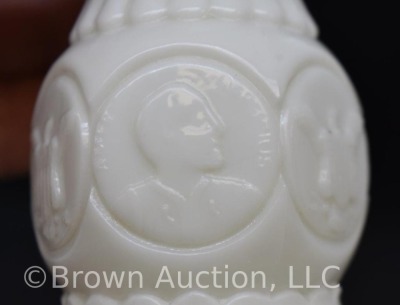 Milk Glass 8" kerosene lamp base, embossed flowers/ eagles/ portraits - 7