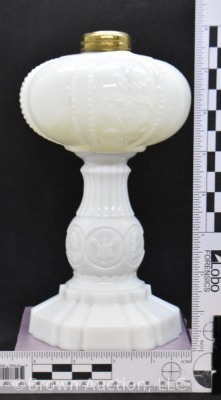 Milk Glass 8" kerosene lamp base, embossed flowers/ eagles/ portraits - 9