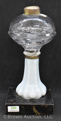 Clear Bullseye 9"h oil lamp base with opaque glass stem and marble base