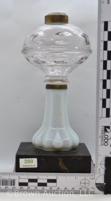 Clear Bullseye 9"h oil lamp base with opaque glass stem and marble base - 8