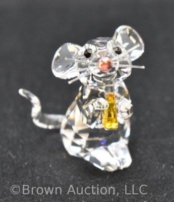 Swarovski silver crystal, #5004691 Mouse figurine with black gemstone eyes, yellow cheese, pink nose, 1 1/4"h x 21 1/4w, includes box - 5