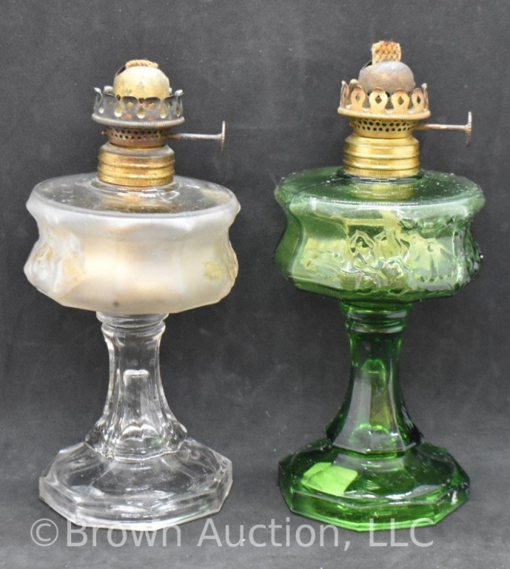 (2) Matching miniature oil lamps, 1-green, 1-clear