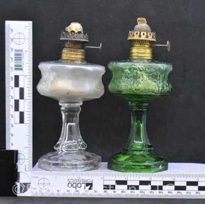 (2) Matching miniature oil lamps, 1-green, 1-clear - 9