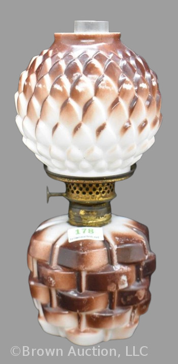 Pineapple in a Basket miniature oil lamp, milk glass, 7.25"h