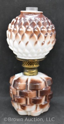 Pineapple in a Basket miniature oil lamp, milk glass, 7.25"h - 2