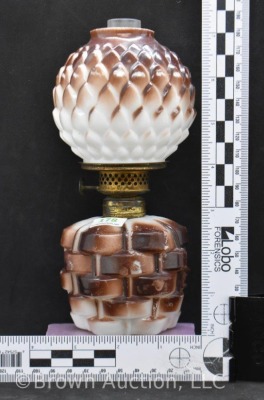 Pineapple in a Basket miniature oil lamp, milk glass, 7.25"h - 7