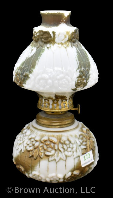 Paneled milk glass miniature oil lamp with embossed flowers, 7.5"