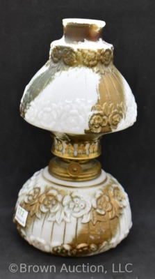 Paneled milk glass miniature oil lamp with embossed flowers, 7.5" - 2