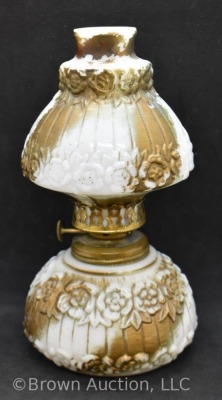 Paneled milk glass miniature oil lamp with embossed flowers, 7.5" - 3