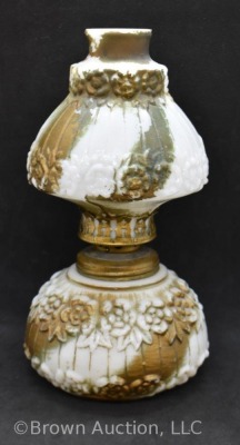 Paneled milk glass miniature oil lamp with embossed flowers, 7.5" - 4