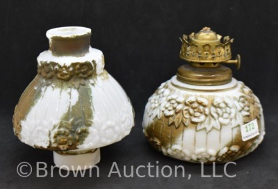 Paneled milk glass miniature oil lamp with embossed flowers, 7.5" - 5