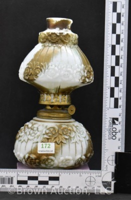 Paneled milk glass miniature oil lamp with embossed flowers, 7.5" - 8