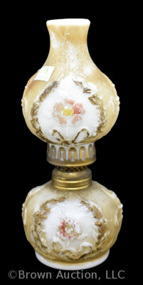 Milk Glass miniature oil lamp with embossed flowers/ torch design, 8"h