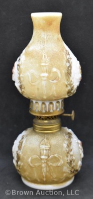 Milk Glass miniature oil lamp with embossed flowers/ torch design, 8"h - 2