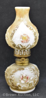 Milk Glass miniature oil lamp with embossed flowers/ torch design, 8"h - 3