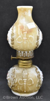 Milk Glass miniature oil lamp with embossed flowers/ torch design, 8"h - 4